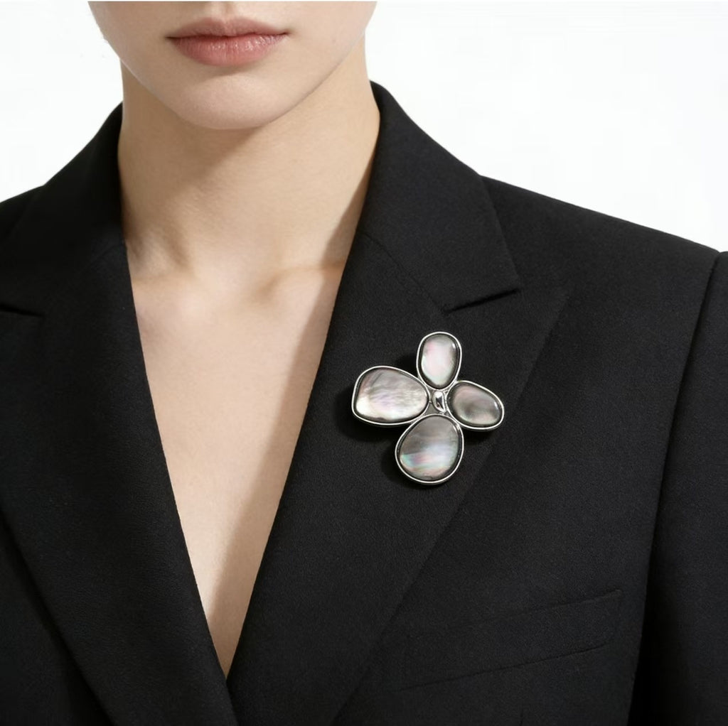 Shell Petal Brooch in Smoke & Silver, worn
