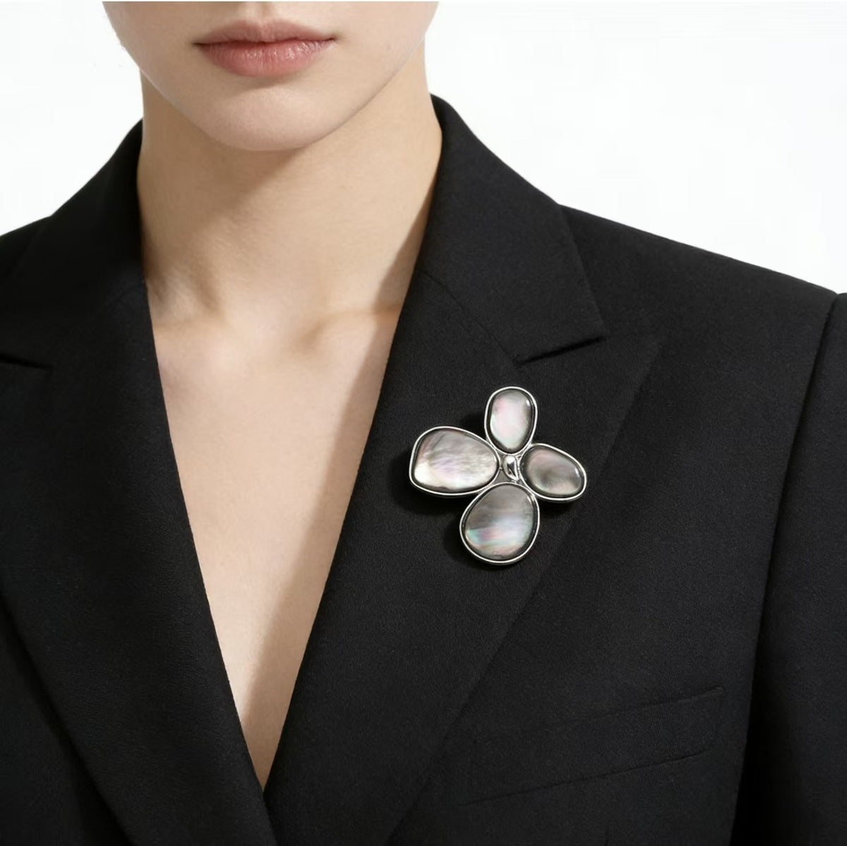 Shell Petal Brooch in Smoke & Silver, worn