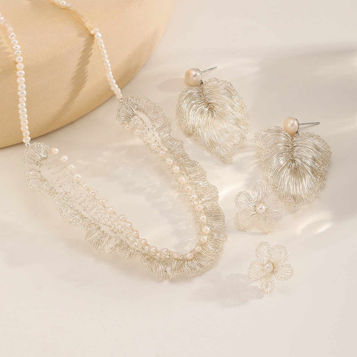 Silver Leaf & Pearl Set