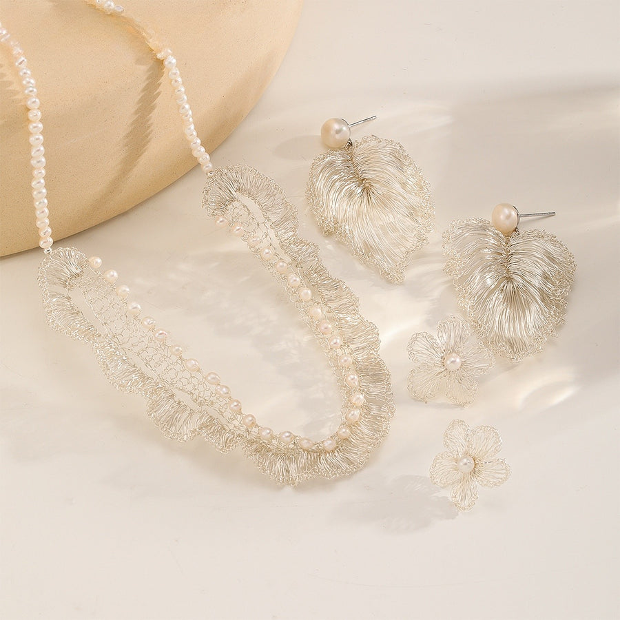 Silver Leaf & Pearl Set