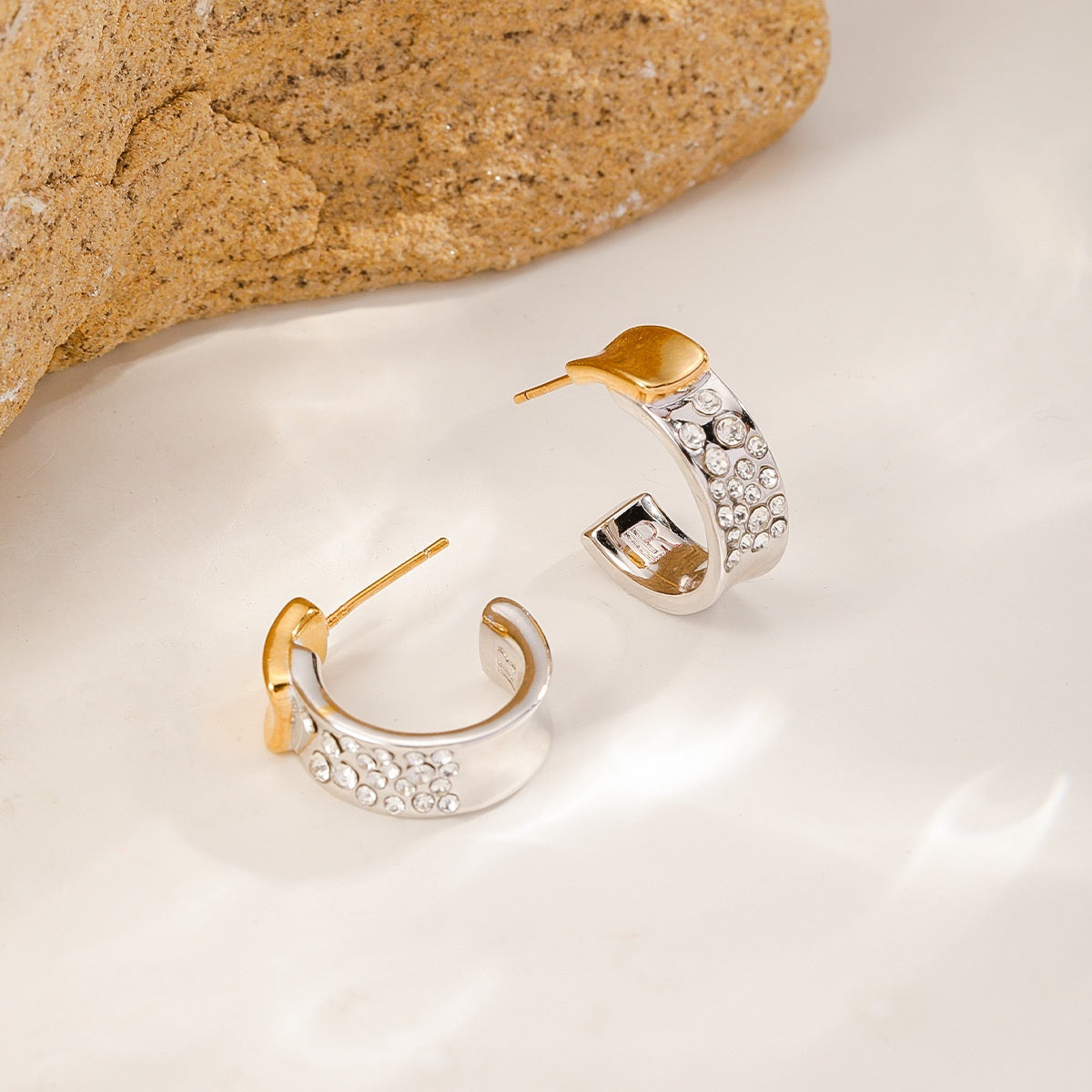 Silver Pavé Hoops — Silver & Gold, pavé side