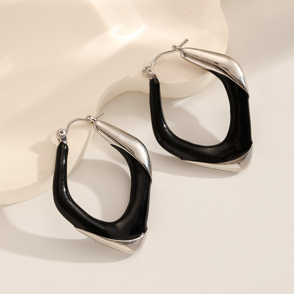 Soft Square Enamel Hoops — Black & Silver