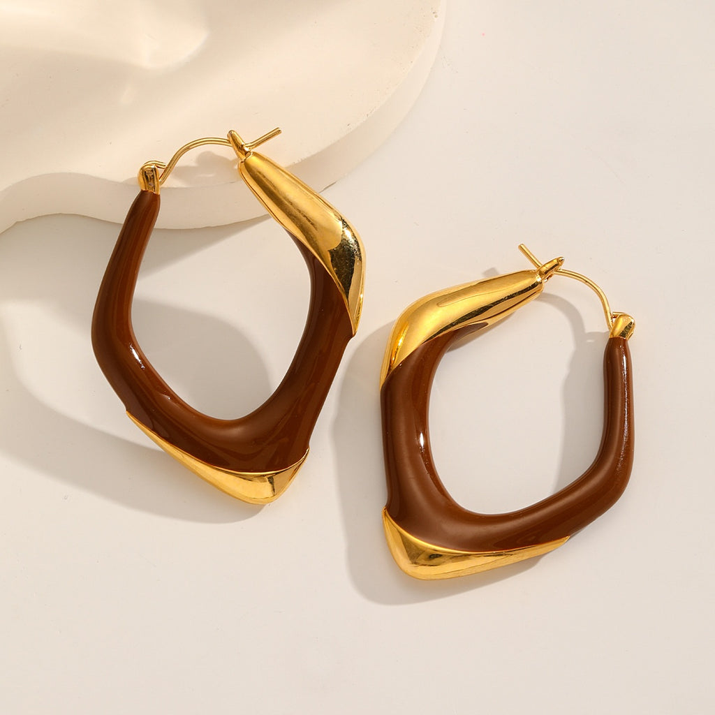 Soft Square Enamel Hoops — Caramel & Gold