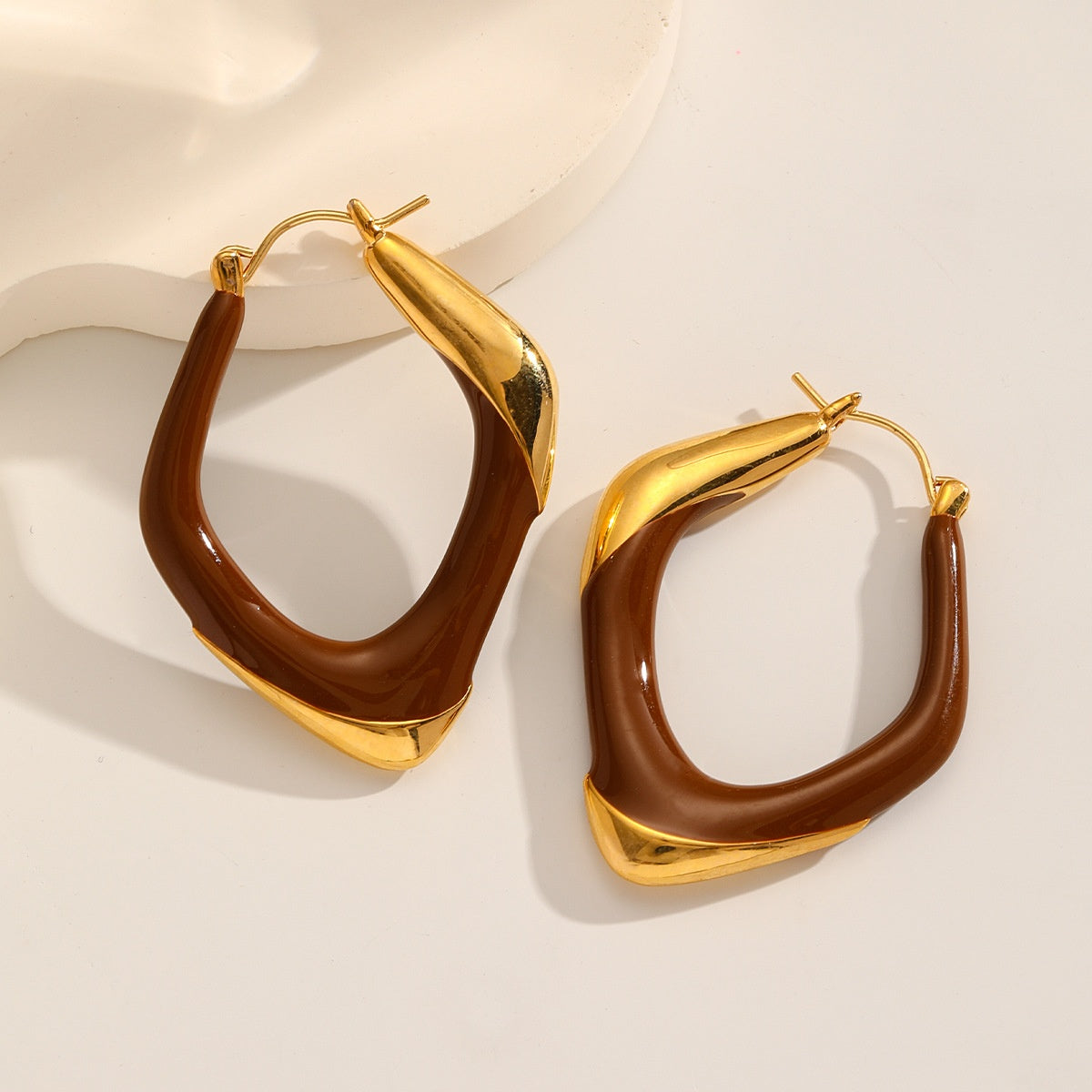 Soft Square Enamel Hoops — Caramel & Gold