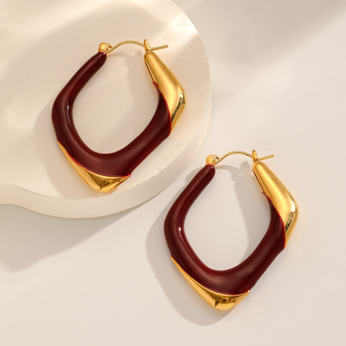 Soft Square Enamel Hoops — Wine & Gold