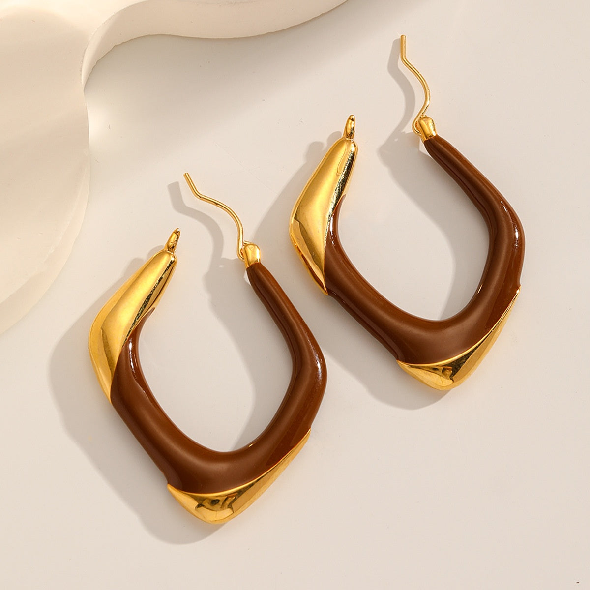 Soft Square Enamel Hoops — Caramel & Gold