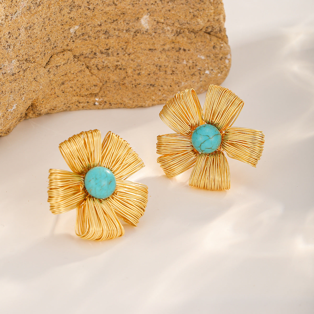 Sunflower Studs — Gold · Turquoise Blue