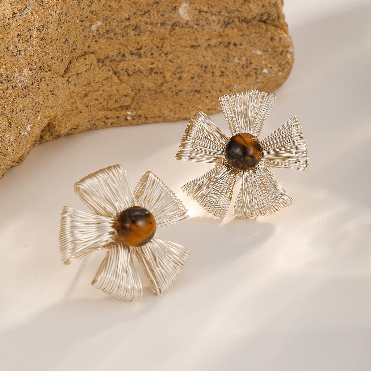 Sunflower Studs — Silver · Tiger's Eye