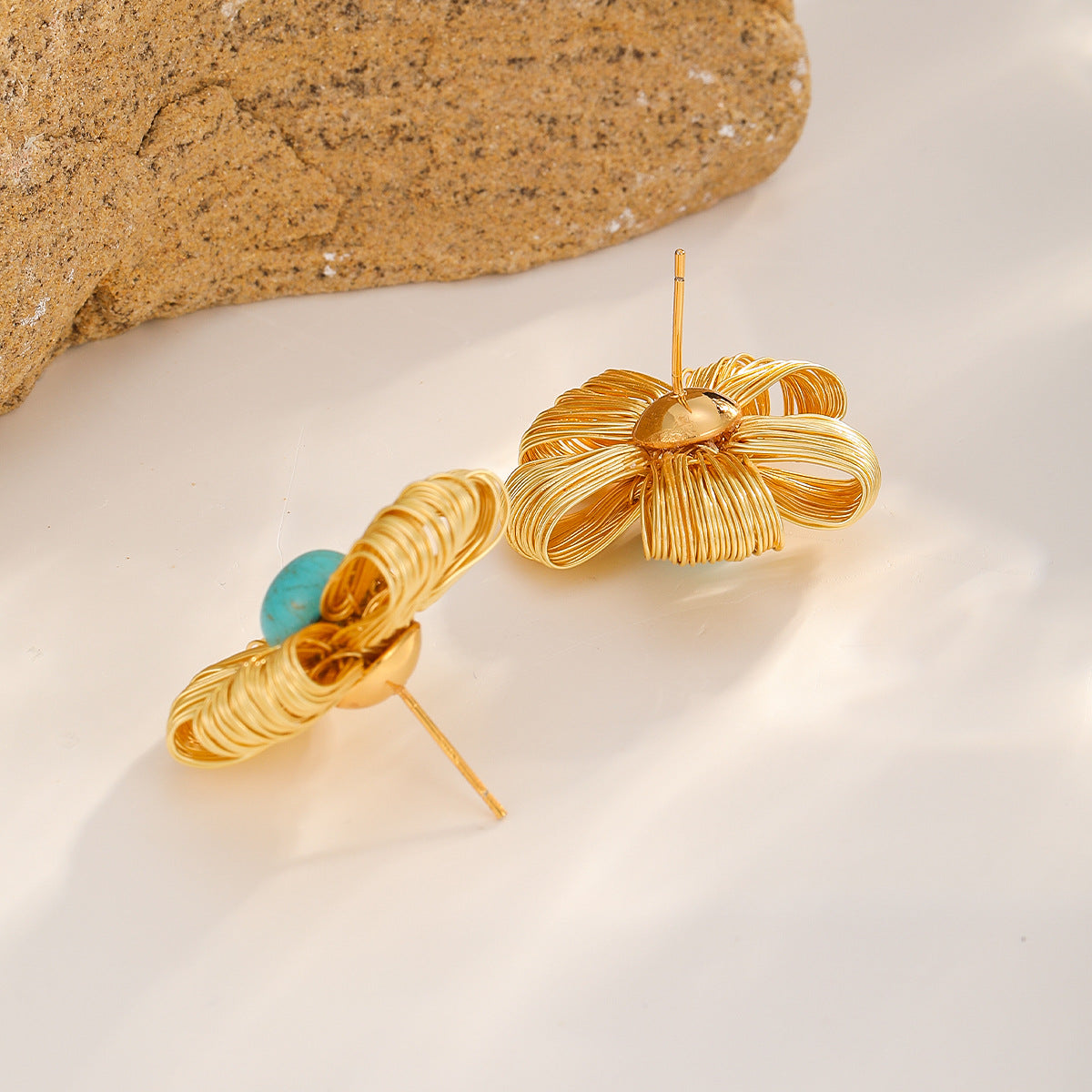 Sunflower Studs — Gold · Turquoise Blue
