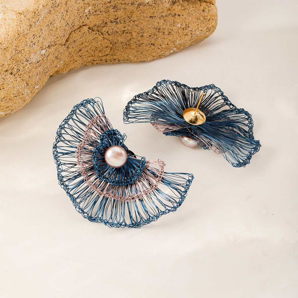Tiered Fan Studs — Blue & Blush, front and back