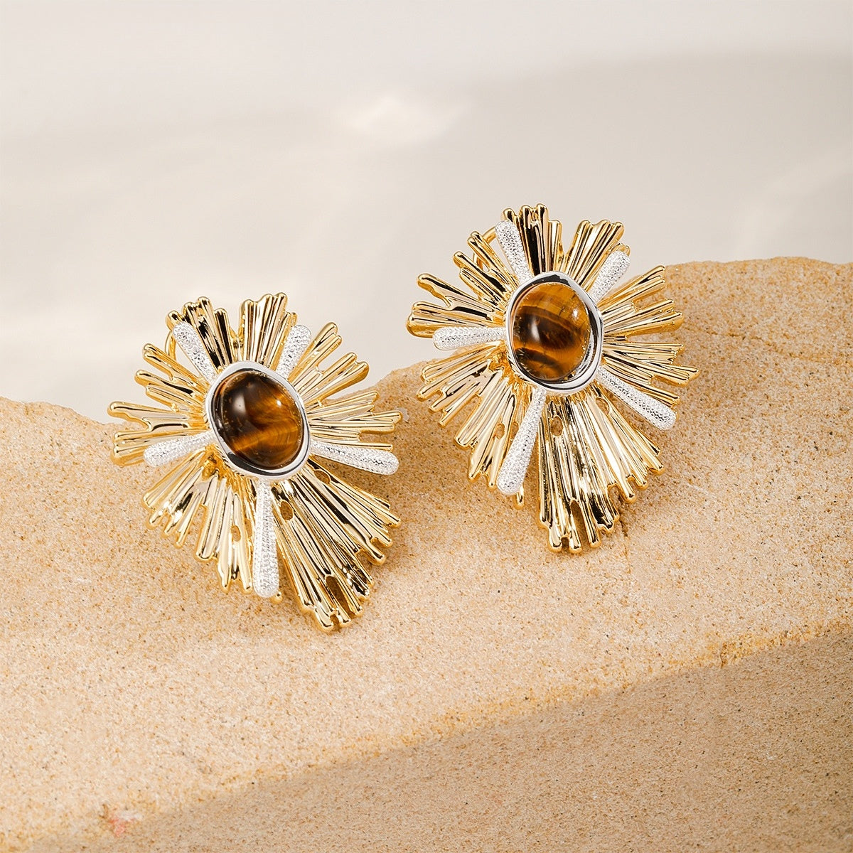 Tiger's Eye Sunburst Studs, front view