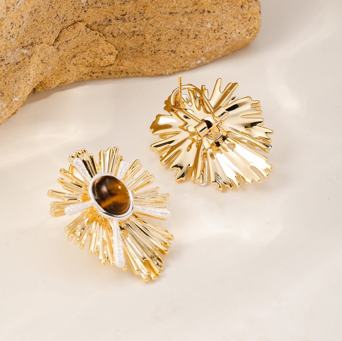 Tiger's Eye Sunburst Studs, one turned to show the back