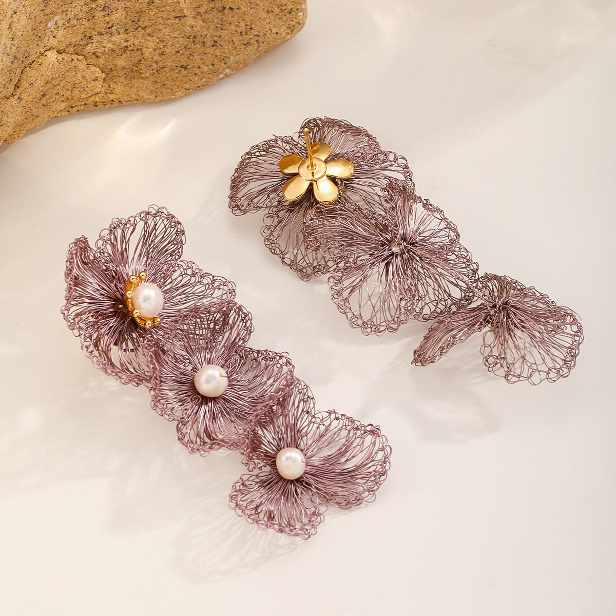 Tumbling Flower Earrings — Dusty Pink, front and back