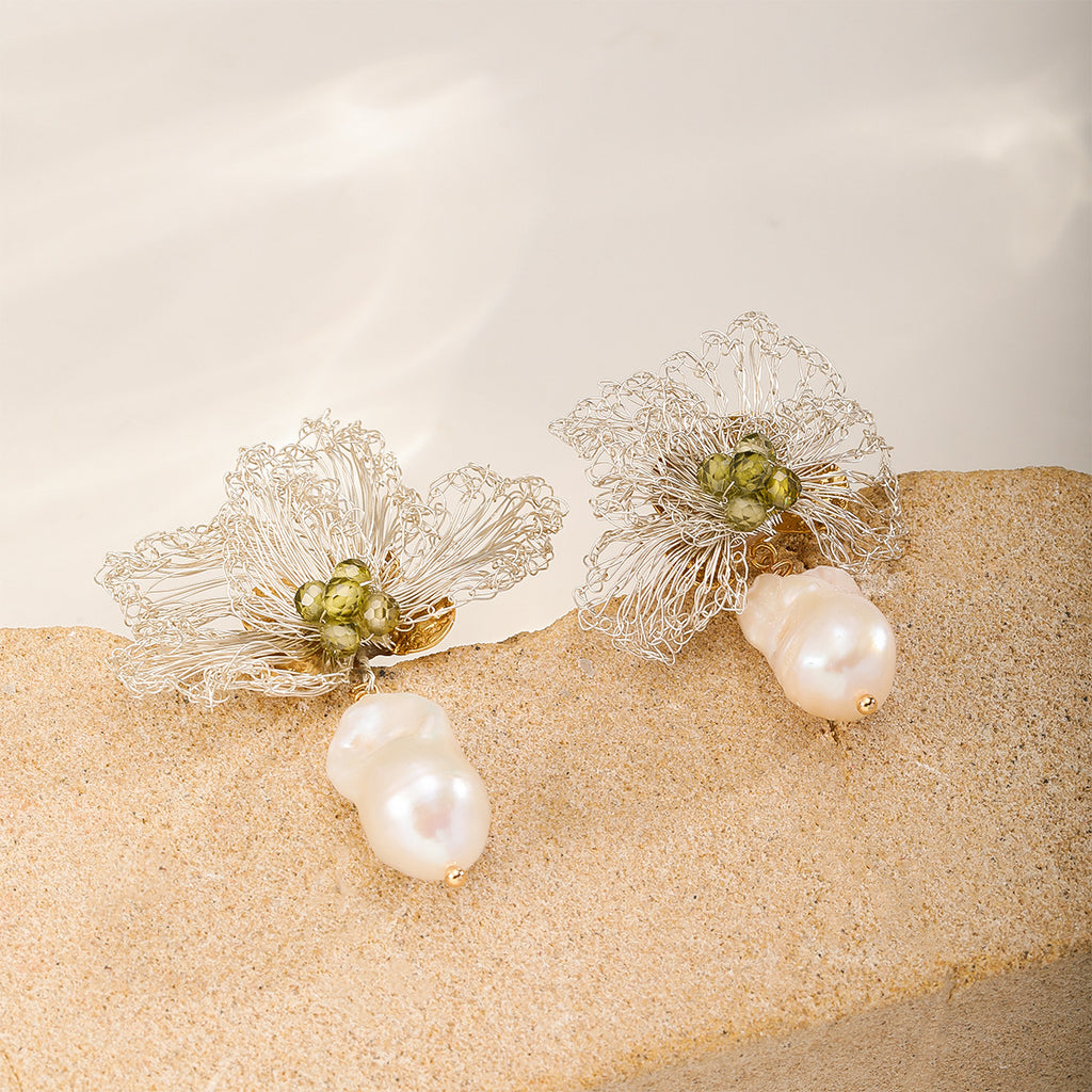Wildflower Stud Earrings — Baroque Pearl Drop