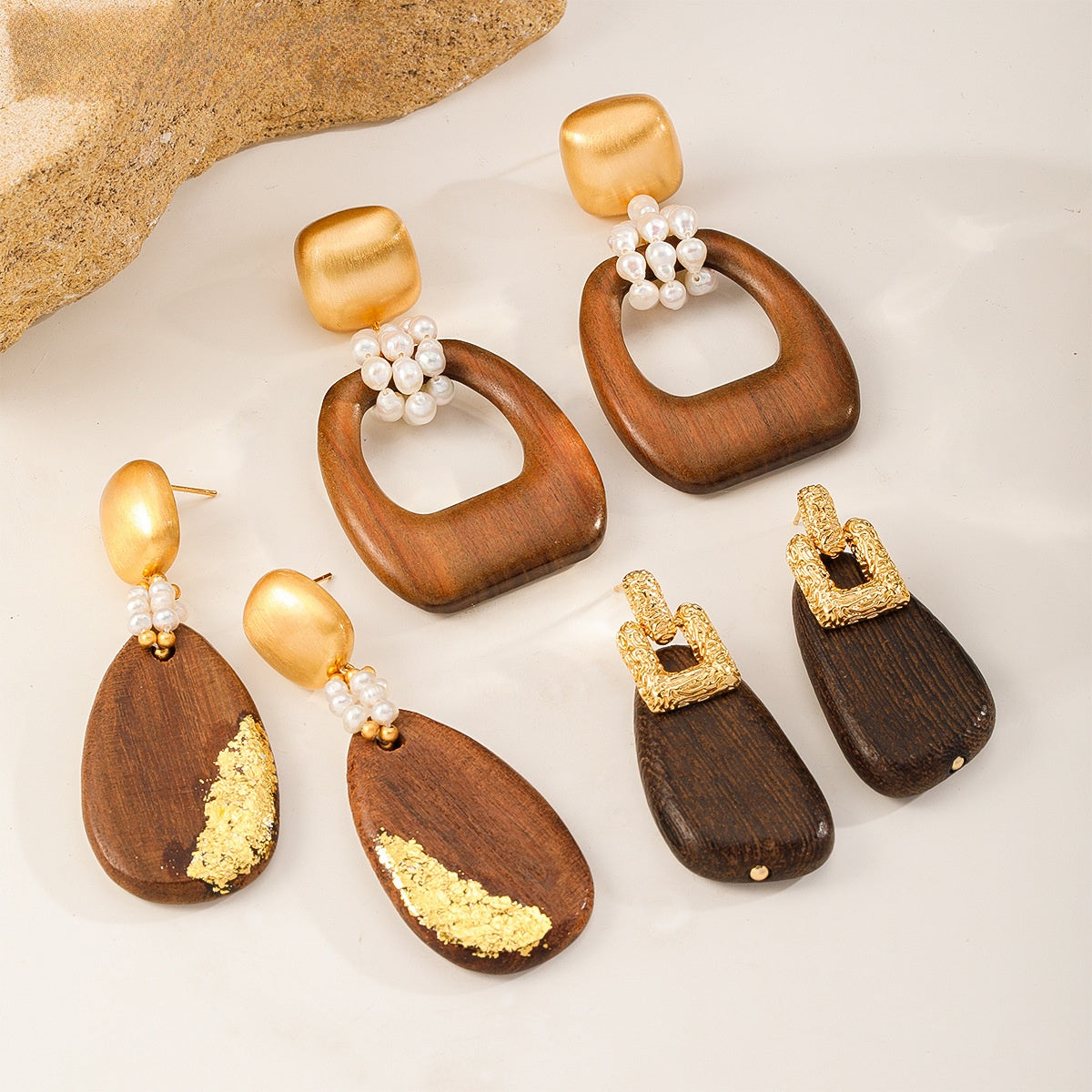 Wood & Pearl Drop Earrings, all styles