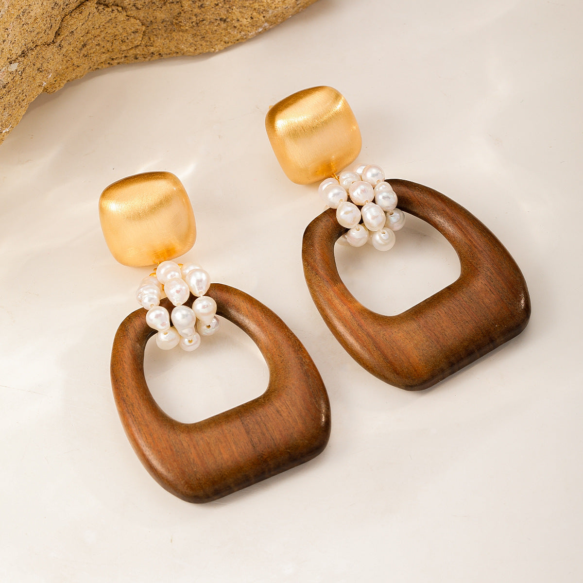 Wood & Pearl Drop Earrings — Open Square