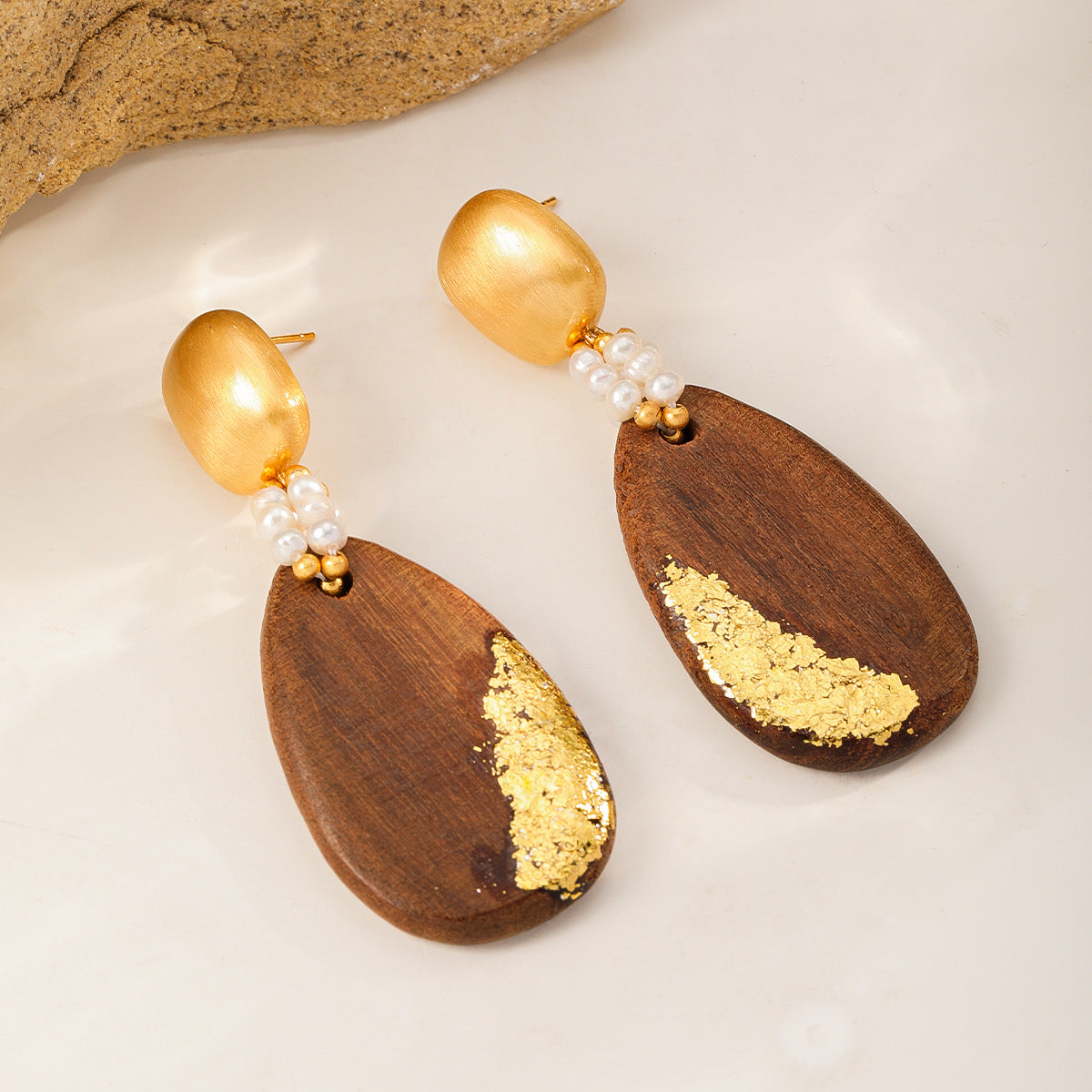 Wood & Pearl Drop Earrings — Teardrop