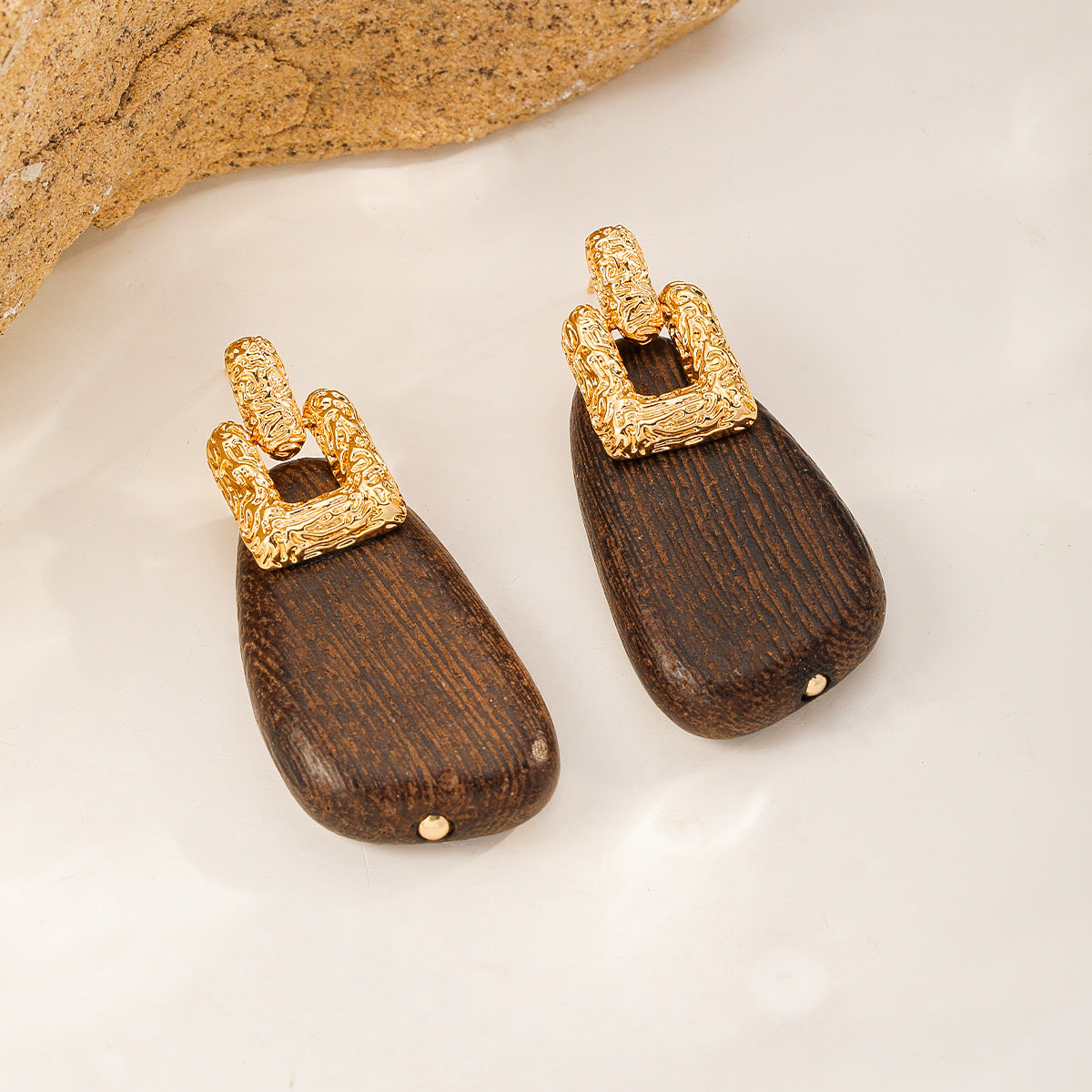 Wood & Pearl Drop Earrings — Dark Wood Tag