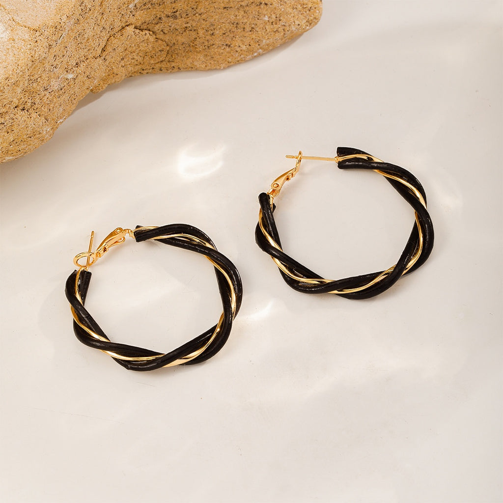 Wound Gold Hoops — Black Twist